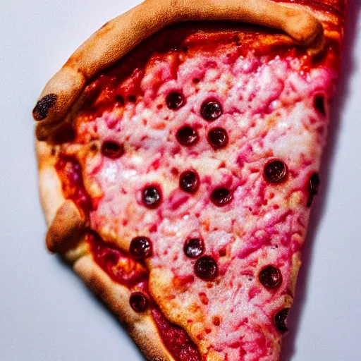 Prompt: a macro photo of a slice of pizza, hyper realistic, hyper detailed, 35mm, very grainy film, pink volumetric studio lighting, bokeh, black background award winning shot, vogue magazine, cinematic, 8k, very closeup, elegant, tender, pastel