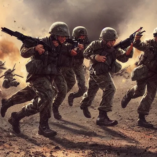 Image similar to hyper realism, realistic apocalyptic war scene, explosions, science - fiction soldiers running, bullet storm