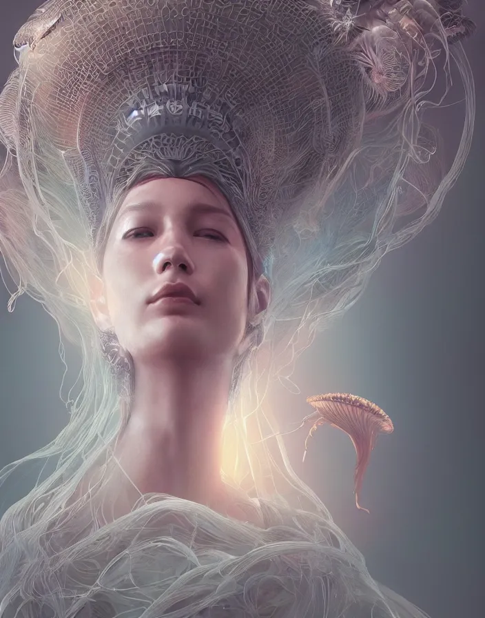 Image similar to goddess portrait. jellyfish phoenix head. intricate artwork by Tooth Wu and wlop and beeple. octane render, trending on artstation, greg rutkowski very coherent symmetrical artwork. cinematic, hyper realism, high detail, octane render, 8k