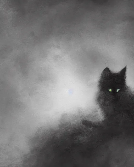 Image similar to Cat made out of shadows and fog, sneaking, portrait, dark fur, glowing eyes, horror, magic the gathering artwork, D&D, fantasy, cinematic lighting, centered, symmetrical, highly detailed, digital painting, artstation, concept art, smooth, sharp focus, illustration, volumetric lighting, epic Composition, 8k, art by Akihiko Yoshida and Greg Rutkowski and Craig Mullins, oil painting, cgsociety