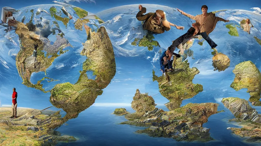 Image similar to surreal world map in the styles of igor morski, jim warren, and rob gonsalves, intricate, robinson projection, accurate geography, volumetric lighting, serene, imaginative