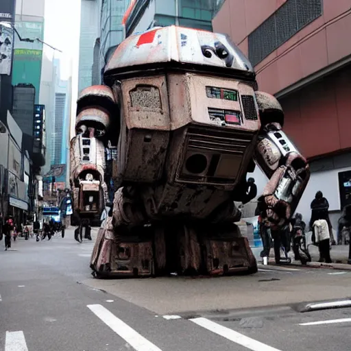 Image similar to a giant doom droid in a dirty cyberpunk shinjuku street