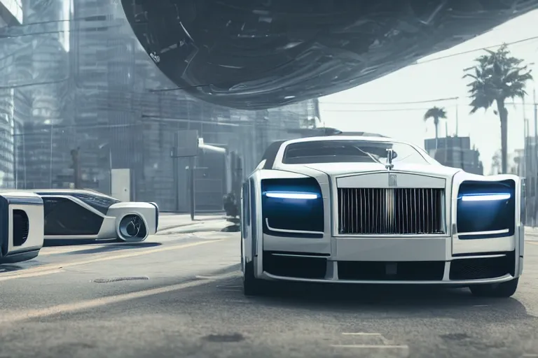 Image similar to Futuristic Rolls Royce Phantom, angular and sharp industrial design, inspired by Cyberpunk 2077 Rayfield, driving across Beverly Hills, futuristic car concept, concept automobile design, telephoto lens, low shot camera angle, cinematic lighting, Octane render, VRay, 3D rendering, Unreal Engine 5