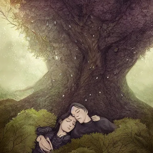 Prompt: portrait of a couple sleeping under a large tree, heavy rain, high fantasy, travellers, dense forest, digital illustration, illustration, artstatiin, somber, muted colors, intricate, artstyle by artgerm