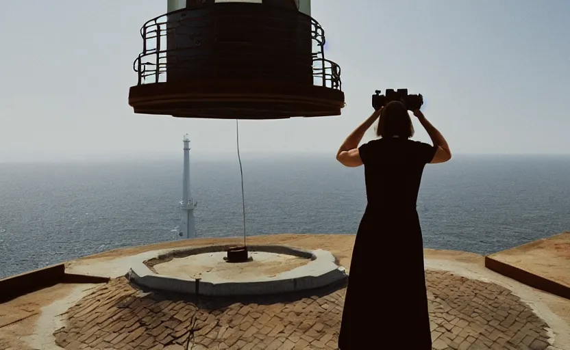 Image similar to a woman standing at the top of a lighthouse using binoculars, a screenshot by wes anderson, tumblr, video art, wide lens, filmic, criterion collection, symmetry