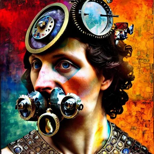 Prompt: steam punk roman giordano bruno, contemporary collage, highly detailed, digital painting, 4 k, hdr, punk, fashion, smooth, sharp focus, art by nick knight, sandra chevrier and john hoyland