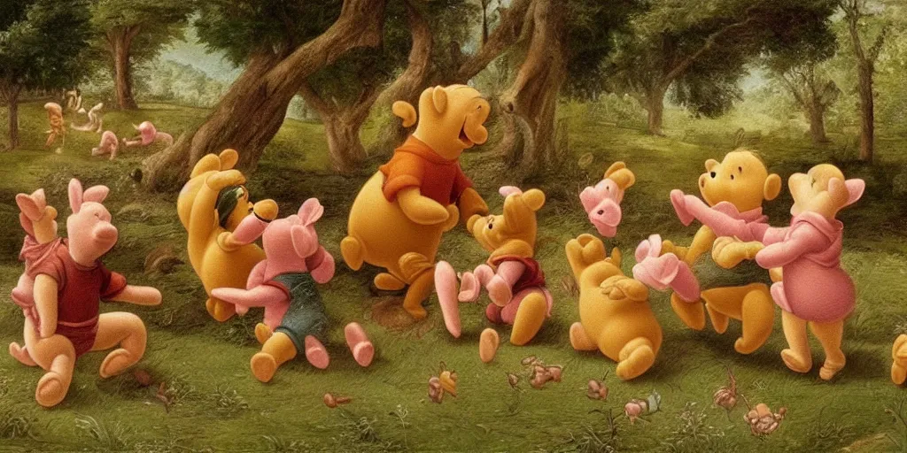 Prompt: A renaissance painting of winnie the pooh hunting piglet, high detail, hyper realistic,