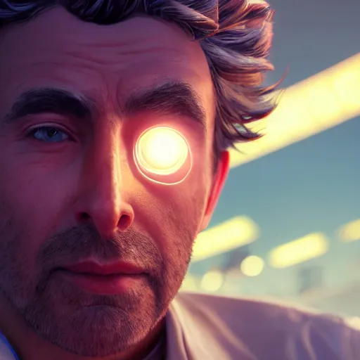 Image similar to portrait art of rick sanchez 8 k ultra realistic, lens flare, atmosphere, glow, detailed, intricate, full of colour, cinematic lighting, trending on artstation, 4 k, hyperrealistic, focused, extreme details, unreal engine 5, cinematic, masterpiece