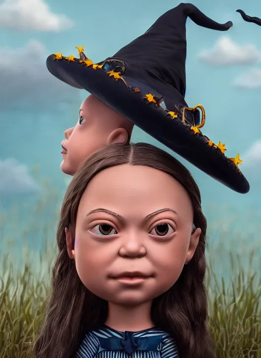 Image similar to closeup face profile portrait of tin toy greta thunberg as a witch, bikini, depth of field, zeiss lens, detailed, symmetrical, centered, fashion photoshoot, by nicoletta ceccoli, mark ryden, lostfish, breathtaking, 8 k resolution, extremely detailed, beautiful, establishing shot, artistic, hyperrealistic, octane render