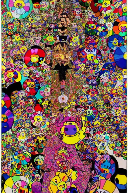 Prompt: psychedelic poster by keiichi tanaami, kiyoshi awazu, takashi murakami, vibrant, collage art, mixed media, highly detailed, very cohesive, symmetry, serenity, hypermaximalist, photo realistic