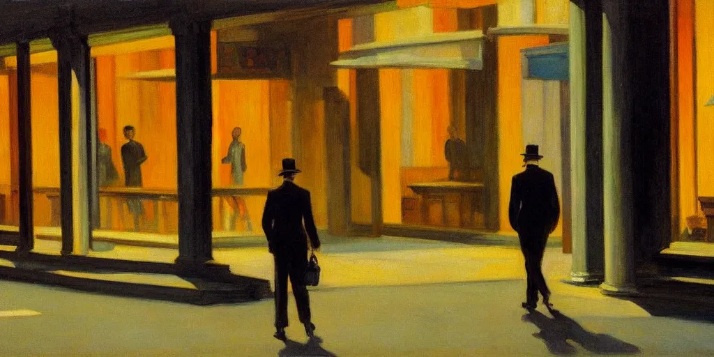 Prompt: a Edward Hopper painting of a bussiness walking alone in a empty street at night