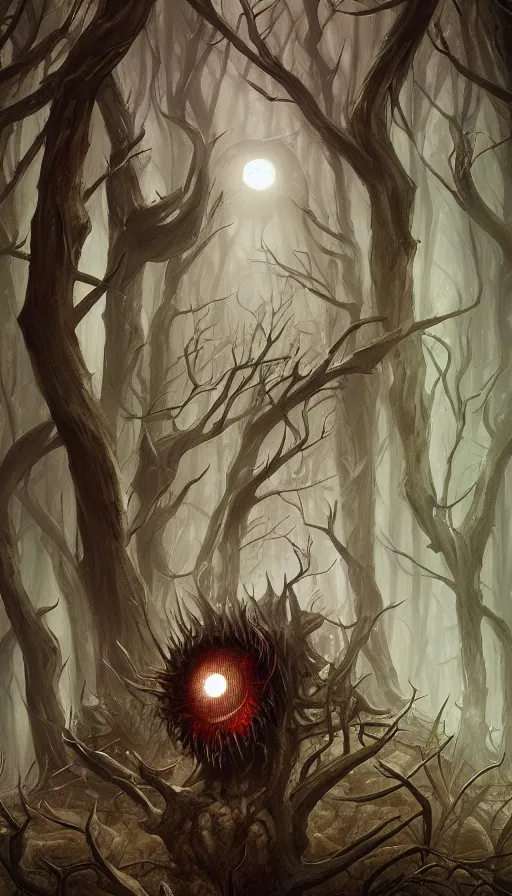 Image similar to a storm vortex made of many demonic eyes and teeth over a forest, by charlie bowater