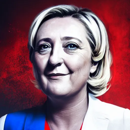 Image similar to Portrait of Marine Le Pen, french flag, amazing splashscreen artwork, splash art, head slightly tilted, natural light, elegant, intricate, fantasy, atmospheric lighting, cinematic, matte painting