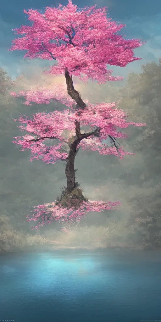 Prompt: a single sakura tree growing upon an island in a lake, cherry blossoms, illustration, light beams, digital art, oil painting, fantasy, 8 k, trending on artstation, detailed