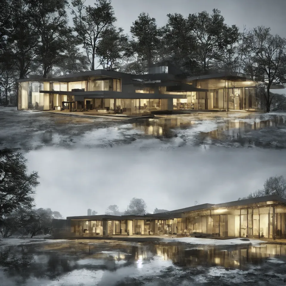 Image similar to a large contemporary house, in a serene landscape, trending on artstation, rendered in vray, by christophe jacrot