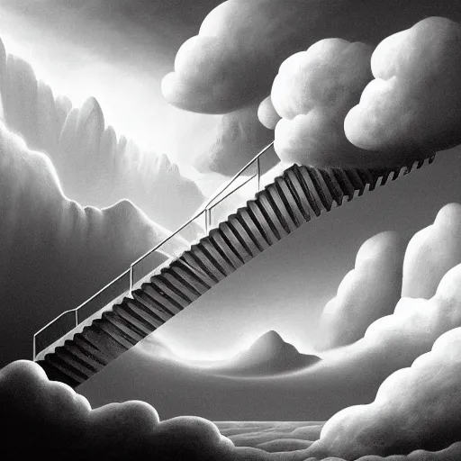 Image similar to A black and white freemasonic chequered surrealist digital painting of a stairway to into the clouds in the art style of jeff koons, Gilbert williams, Edwin Frederic Church and Christopher Balaskas, trending on artstation, 4k UHD