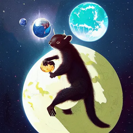 Prompt: giant pine marten in space holding a planet, digital art, trending on artstation, highly detailed, by Greg Rutkowski, by Conrad Roset, by Dan Mumford