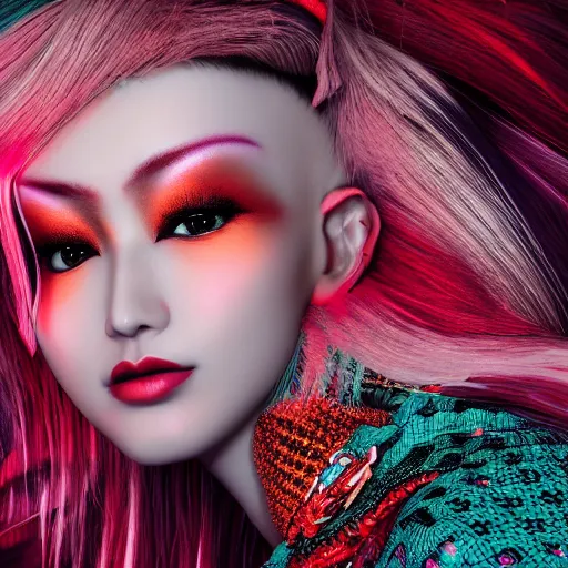 Prompt: Japanese model with maximalist hair style and makeup, bright colors, fashion model, unreal engine octane, red and white, portrait, gliter, depth of field, 8k, hyper detailed, intricate, trending on artstation