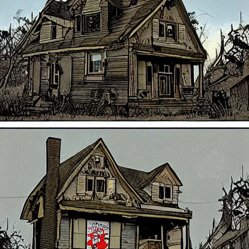 Image similar to A beautiful street art of an old, abandoned house. by Ravi Zupa, by Matt Groening, by Brian K. Vaughan unified