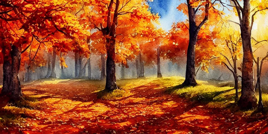 Prompt: autumn nature landscape, watercolor, ultra realistic, highly detailed, hd, sharp focus, cinematic lighting, warm colors, realistic, photorealistic, vivid colors, painting, digital art, non blurry, sharp, artstation, smooth, illustration