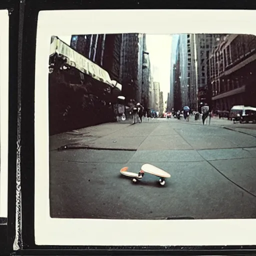 Image similar to wide-shot very low-angle eyesight photo of a skateboard at the street in New York, polaroid photo, by Andy Warhol, signed