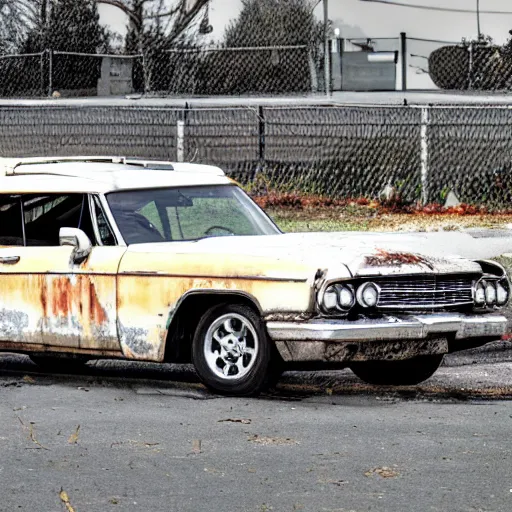 Prompt: a rusty ecto-1 in an empty parking lot.
