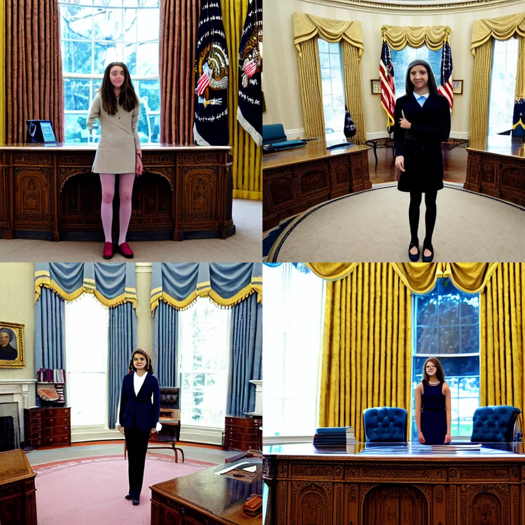 Prompt: A teenage girl as president of the United States, standing in the Oval Office