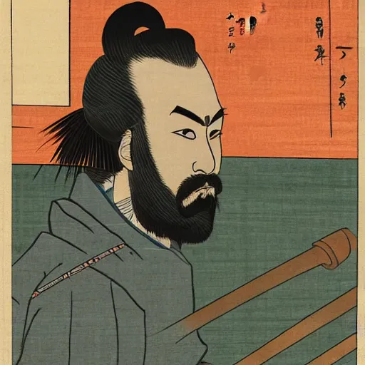 Image similar to twitch streamer forsen as samurai in Ukiyo-e style, rule of thirds