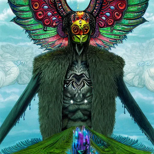 Image similar to A centered chest up portrait of a psychedelic godlike mothman with giant mandala wings smoking a hand-rolled cigarette smoking heavily , magic mushroom village in background , post-processing , award winning. superb resolution. in the art style of junji Ito and greg rutkowski . Detailed Mushroom city in background. Hyper realistic anime. Perfect art. Dalle2