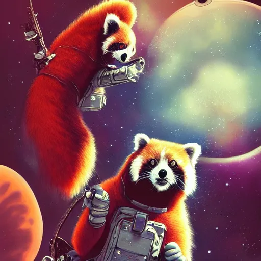 Prompt: red panda in a spacesuit in space having an epiphany nebula in the background, trending on artstation, highly detailed