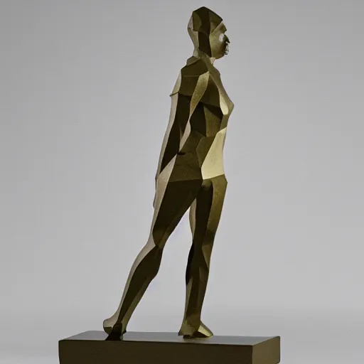 Image similar to a bronze sculpture of a woman standing low poly sharp angles museum lighting