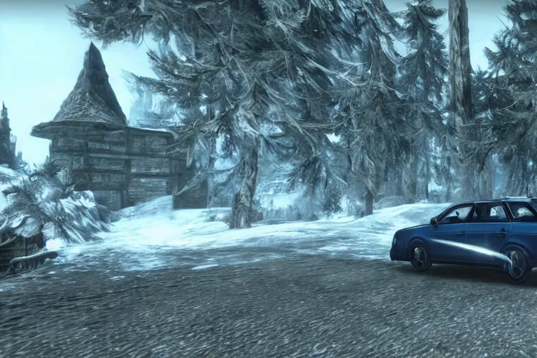 Image similar to the player fighting against a denim blue audi a 4 b 6 avant in skyrim, the elder scrolls v : skyrim gameplay footage