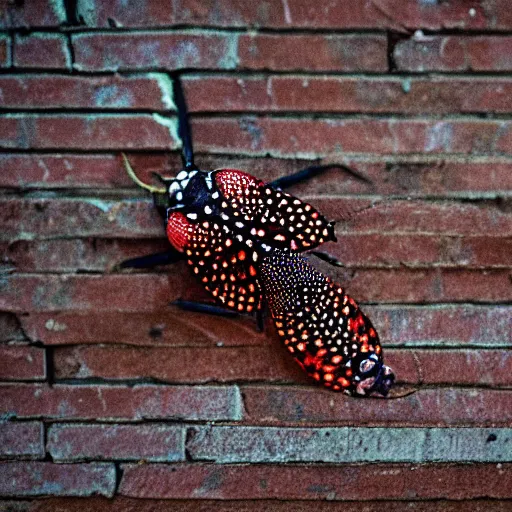 Prompt: An HD photograph of a spotted lanternfly resting on a brick wall in Philadelphia