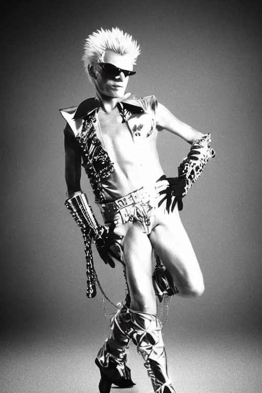 Prompt: portrait billy idol dressed in 1 9 8 1 space fantasy fashion, new wave, minimal, shiny metal, standing in a desert