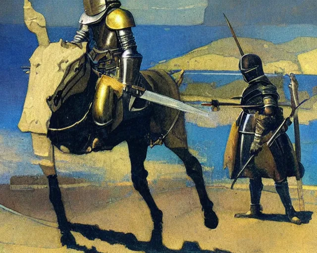 Prompt: knight in blue armour by n. c. wyeth, high detail,