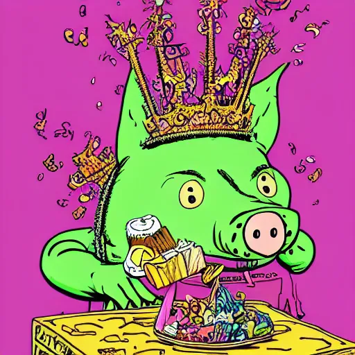 Image similar to trippy comic art of a pig wearing a gold crown eating snacks, drawn by Martin Rowson, Tim Burton, Studio Ghibli, Alex Pardee, Nekro Petros Afshar, James McDermott, colors by lisa frank, unstirred paint, vivid color, cgsociety 4K