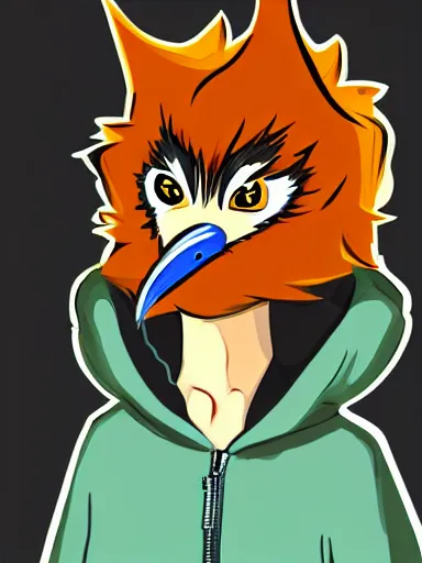 Image similar to front facing portrait. humanoid furry! anthro, anthro, anthro, avian, avian, avian!!! fursona, bird, bird, bird!!! digital art! trending on artstation! subject wearing hoodie and jeans!! subject is female!! female!!! big beak, big beak, big beak!!! blue feathers!! birdfolk!! owlkin!! Character design by charlie bowater, ross tran, artgerm, and makoto shinkai!!! detailed!!!