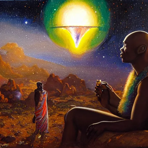 Prompt: an african psychic reading his crystal ball under a meteor shower, greg rutkowski and android jones and amanda sage, oil on canvas, 8k