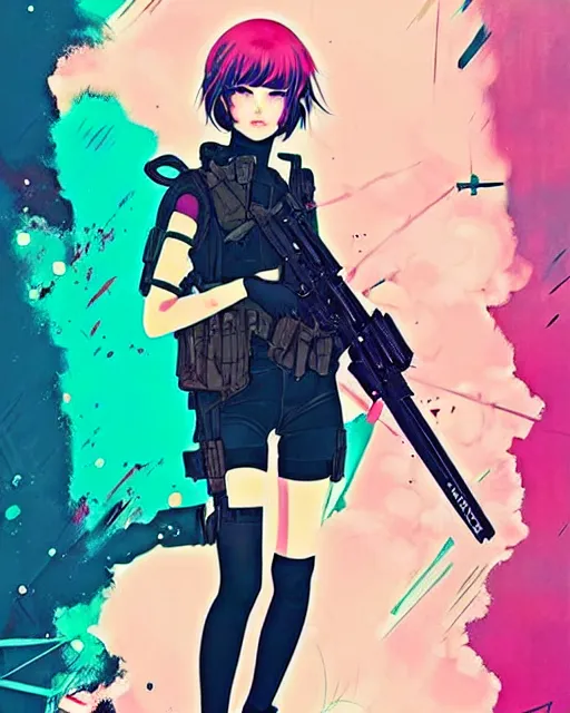 Image similar to girl with tactical gear, very anime!!! anime!! intricate details, aesthetically pleasing pastel colors, poster background, aesthetic details, art by conrad roset and ilya kuvshinov