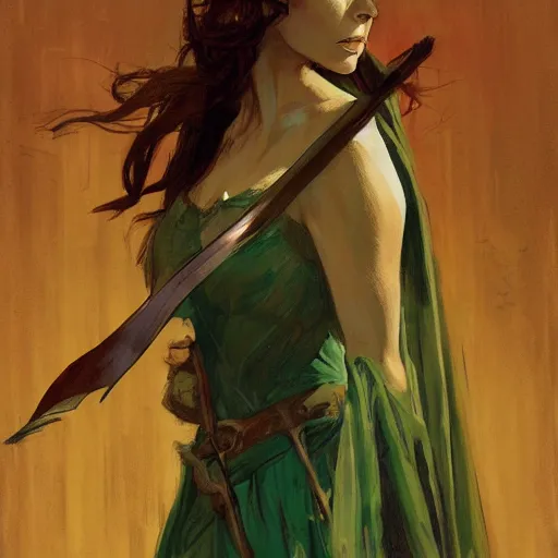 Image similar to alison brie as robin hood, intricate, elegant, highly detailed, greg manchess, mucha, liepke, ruan jia, jeffrey catherine jones, ridley scott