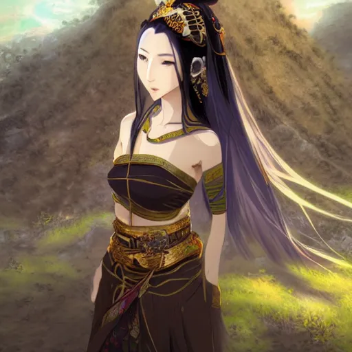 Image similar to ancient chinese dynasty princess, three kingdom, dynasty warriors, standing in an oasis in the desert, anime movie, beautiful, elegant, headshot, long black hair, digital painting, smooth, concept art, art by makoto shinkai