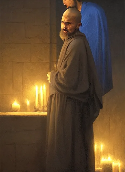 Image similar to oil painting portrait of a weeping sobbing tonsured dominican monk in a brown habit, kneeling in a blue cold moonlit empty small chapel at night, hazy, digital art, artstation, cinematic, moonlight, digital art painting by greg rutkowski, hazy atmosphere, candles, cinematic blue lighting