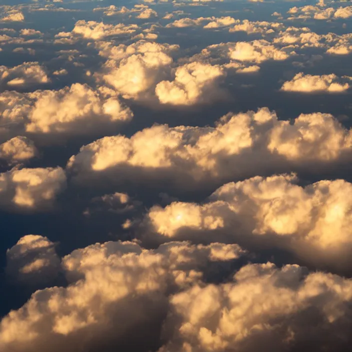 Image similar to Endless clouds towering high, seen from a plane, no ground visible, very detailed, 8k resolution, pale yellow hue with brown shadows