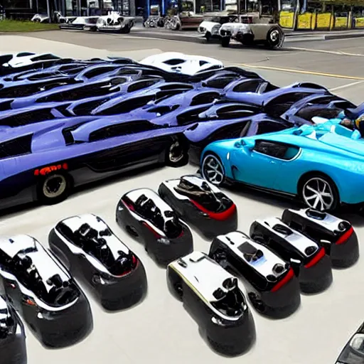 Image similar to an army of andrew tates standing next to a bugatti.