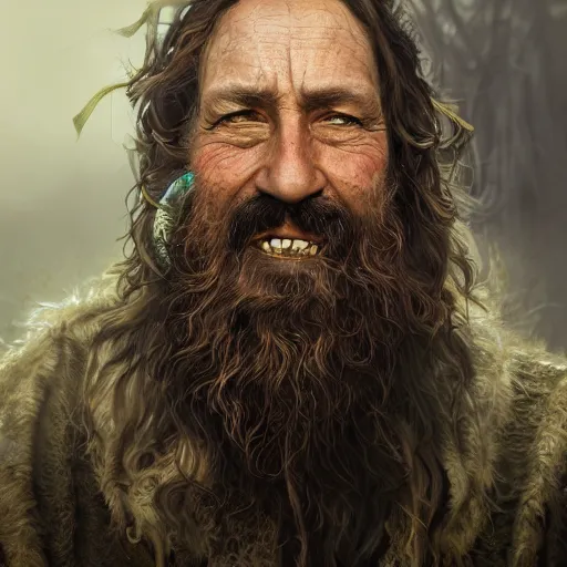 Image similar to realistic portrait of a human hobo druid, fantasy book, high detail, 8 k, octane render painting, dark fantasy