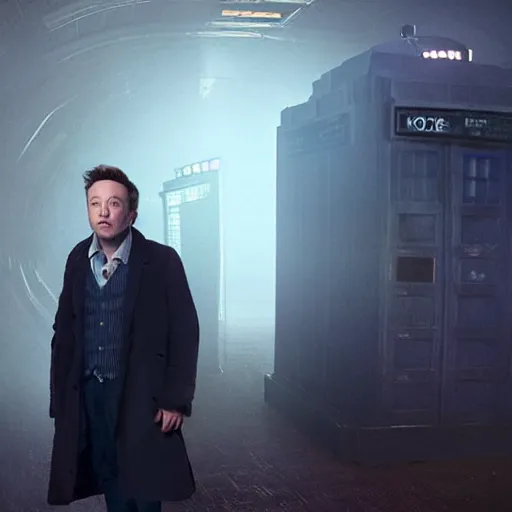 Image similar to elon musk as a rough dirty old man with a scruffy beard in a dark blue trenchcoat as the new doctor who, cinematic, volumetric lighting, f 8 aperture, cinematic eastman 5 3 8 4 film, photorealistic