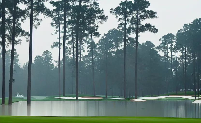 Prompt: augusta national, the masters, nr. 1 2, completely flooded with brown water, beautiful ambient light, fog,