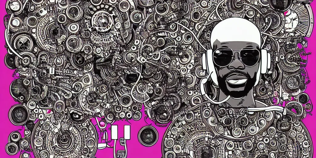 Prompt: intricate detailed artwork of a futuristic dj black coffee playing afro house music using a dj controller to thousands of beautiful female ravers, in the style of Geof Darrow, no hair, sunglasses, beard, wires, speakers, neon