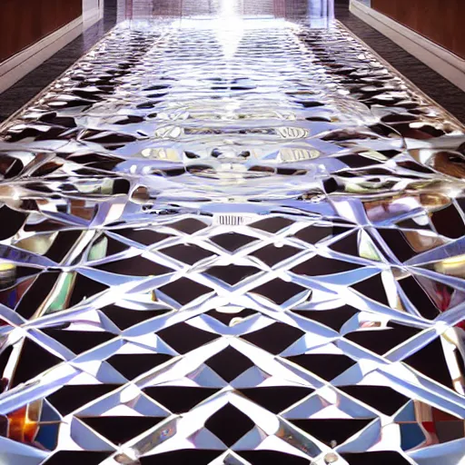 Prompt: the ornate shape of light is defined by its pattern reflected on the floor