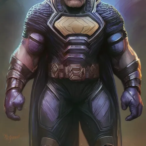 Image similar to characters portrait of Darkseid mixed with Thanos by ArtGerm and Tom Bagshaw, merged character, Full body shot, cinematic opening shot, 4k, highly detailed, cinematic lighting